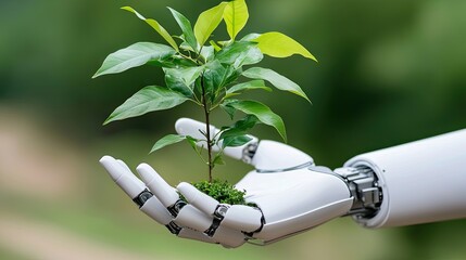 Poster - Futuristic robot hands carefully holding a green plant, surrounded by SDG icons.