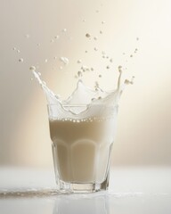 Poster - Fresh milk splash captured in a glass with droplets dancing above creating an artistic display of pure liquid joy and refreshing simplicity in a soft light setting