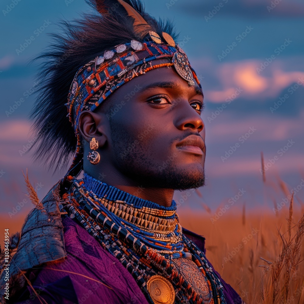 Watercolor Maasai Man in National Attire with African Landscape and ...