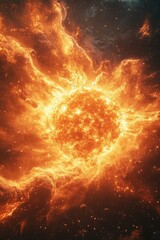 Wall Mural - a massive orange explosion in a black night sky with stars and clouds