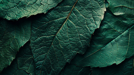 Poster - Close-up view of textured green leaves with intricate veins and surface details, showcasing the natural beauty and patterns of plant life in a vibrant environment