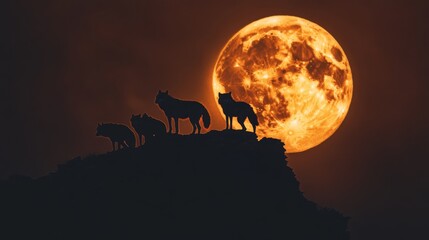  A group of wolves stand silhouetted against a massive full moon. The night sky creates a mysterious atmosphere. Nature reveals its beauty in this stunning moment. Generative AI