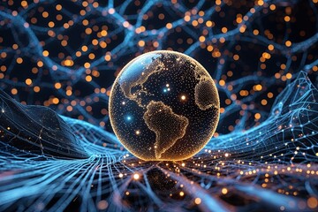 Wall Mural - Digital Abstraction of Technology Particles in Dynamic Mesh Background Design