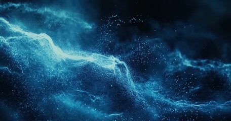 Poster - High-Resolution Abstract Blue Background of Shimmering Particles and Waves in Dark Space Environment for Creative Design and Art Projects