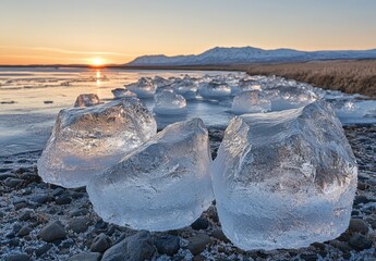Poster - Ice formations on rocky shore during sunset with mountains in the background, showcasing nature's beauty in a serene landscape with vibrant colors