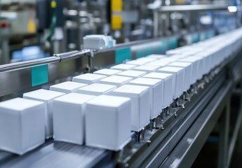 Poster - Industrial Conveyor System with White Packaging Boxes in Modern Manufacturing Facility Focused on Efficiency and Productivity in Logistics Operations