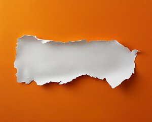 Poster - Torn white paper with rough edges on an orange background, creating a blank space for text or design, symbolizing creativity and space for message placement.
