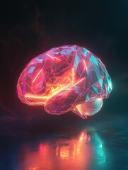 Aufkleber - Minimalist low poly geometric brain model rendered in 3D with neon accents floating against a dark moody background. Conceptual image representing the intersection of technology science