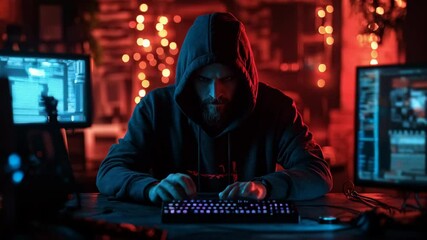 A hacker at work on a computer with a digital background of code and web elements