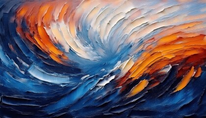 Poster - textured abstract painting with swirling blue and orange strokes, evoking a cosmic vortex or ocean waves, perfect for modern interior decor and artistic background