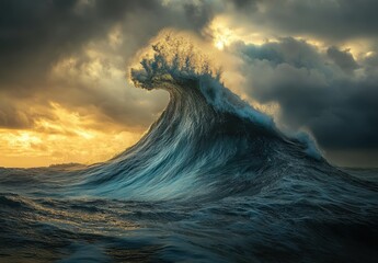 Poster - Majestic Ocean Wave Cresting Under Dramatic Clouds at Sunset Creating a Powerful Coastal Scene with Vibrant Colors and Textured Ocean Surface