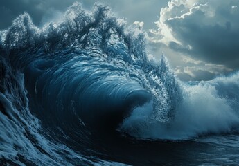 Poster - Majestic Ocean Wave with Dramatic Sky and Rolling Clouds Captured in a Scenic Coastal Landscape During a Stormy Evening Light