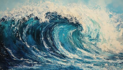 Poster - Majestic Ocean Waves Captured in Vibrant Blues and Whites, Dynamic Movement in Nature with Foamy Crests and Stunning Textures