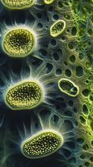 Poster - Close-up macro image of plant cells showcasing intricate details of a leafâ€™s surface with a focus on texture, structure, and biological features, symbolizing growth and nature.