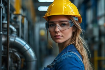 Aufkleber - Female industrial engineer wearing safety glasses and hard hat in a factory
