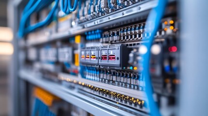 Poster - Network server rack with flashing lights storing big data and processing digital information