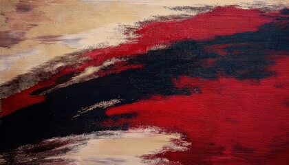 Poster - abstract oil painting with textured brushstrokes in red, black, and cream, evoking a dramatic and moody landscape scene

