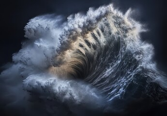 Poster - Massive Turbulent Ocean Wave with Dramatic Texture and Vibrant Hues in a Stormy Sea Landscape Captured in Stunning Detail