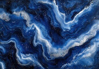 Poster - Mesmerizing Deep Blue and White Swirling Abstract Background with Cosmic Elements and Gentle Waves Perfect for Creative Projects or Digital Art