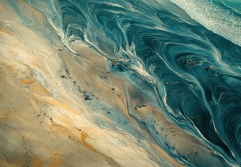Poster - Natural Beauty of Ocean Waves Meeting Beach Shoreline in Dynamic Turquoise and Sand Textures at Twilight Light