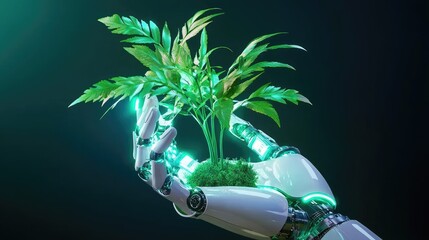 Poster - Robot hands cradling a green plant with glowing sustainability and eco-friendly icons.