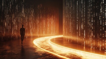 Poster - A lone figure progresses along a glowing pathway of light, surrounded by a backdrop of digital data streams, representing the intersection of technology and humanity.