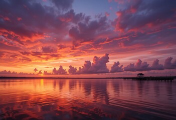Poster - Sunset Serenity. Calm Water Reflects Fiery Sky. Wooden Pier Silhouetted. Beautiful Colors. Tranquil Evening Atmosphere. Dynamic Clouds. Soft Light. Peaceful Scene. Inspiring Nature.