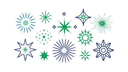 Poster - A graphic design featuring a collection of stylized firework and starburst shapes in teal and green. Simple line art suitable for celebrations and design projects.