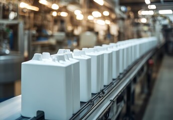 Poster - Production Line of White Plastic Containers in Modern Industrial Facility with Bright Lighting and Machinery in Background