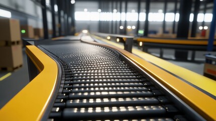 Poster - Robotic arm at production line with automatic conveyor belt, industry track.