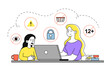 © Aleksey - Parental control concept. Woman with girl sitting with laptop. Safety and security on internet. Closed access to websites for children. Linear vector illustration