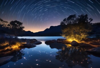 Wall Mural - enchanting starlit landscape featuring dreamy light trails under serene night sky twinkling stars gentle rippling water reflection, nature, beauty, horizon