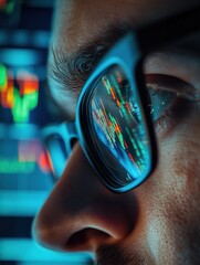 Poster - Crypto trader wearing eyeglasses working looking at computer screen reflecting in glasses analyzing online trading stock exchange market financial data charts. Close up eye in spectacles reflection.
