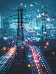 Poster - Futuristic Power Grid Network with Glowing Lights at Night