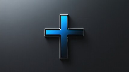 Poster - logo design featuring a cross symbol on a solid background, with a sleek color palette of blue, black, white, gray, and silver.