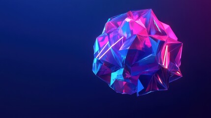 Poster - minimalist low poly geometric brain model rendered in 3d with neon accents floating against a dark m