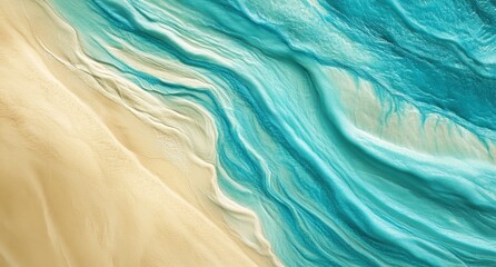 Poster - Serene Aerial View of Turquoise Waves Gently Lapping Against Sandy Shore with Swirling Patterns and Textures Creating a Peaceful Coastal Scene
