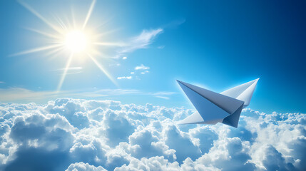 a paper airplane flies high above fluffy clouds under a bright sun during a clear day in a creative,
