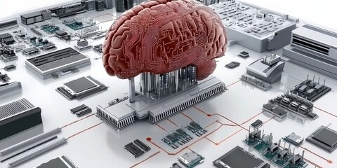 A stylized red brain with circuit patterns sits atop an array of computer hardware and chips, symbolizing the intersection of technology and artificial intelligence.