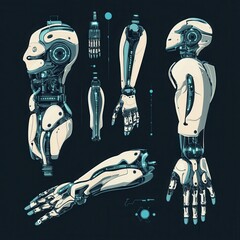 Poster - Cyborg set of body parts. Robot head and hand. Leg Artificial intelligence.