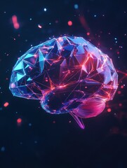 Poster - minimalist low poly geometric brain model rendered in 3d with neon accents floating against a dark m