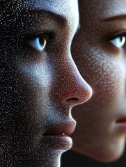 Poster - a close-up of two faces, one human and one digital, representing the intersection of technology and 
