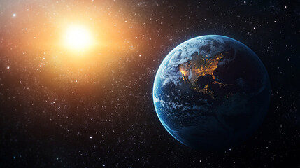 stunning earth planet view from space with bright sun and stars blue dark night world globe light
