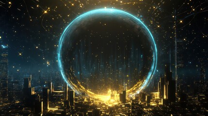 Poster - Futuristic city portal, glowing sphere, technological cityscape, use in sci-fi