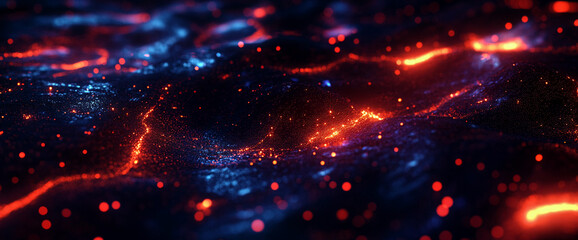 Poster - Abstract image of glowing particles, red and blue hues, creating a dynamic, energetic texture suitable as a background for various designs