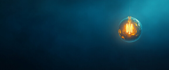 Poster - Glowing bulb in textured glass, hanging against a dark blue background Ample free space for text or logo, ideal for business or idea concepts