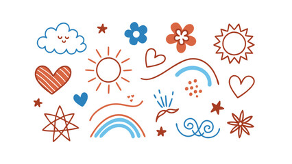 Poster - Handdrawn cute elements sun, hearts, flowers, stars, clouds