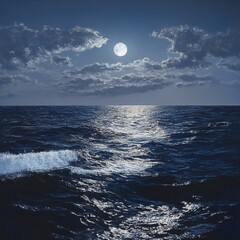 Poster - Serene Night Scene with Bright Moon Over Calm Ocean Water Reflecting Clouds and Atmospheric Light