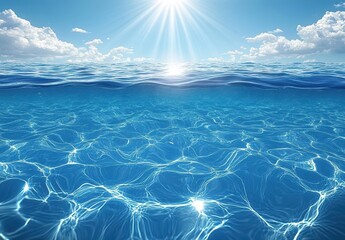 Poster - Serene Ocean Surface with Gentle Waves Reflecting Sunlight Beneath a Clear Sky and Fluffy White Clouds in a Tropical Paradise