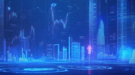 Futuristic city with holographic data visualizations.  Possible use Stock photo for technology, innovation, digital city, or financial concepts